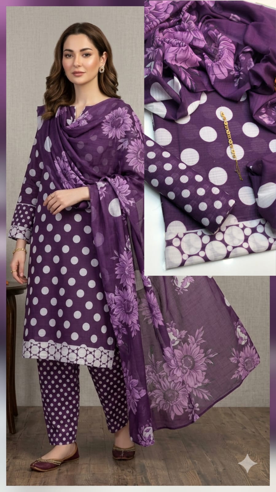 3-Piece Swiss Lawn Polka Print Dress | Summer 2026